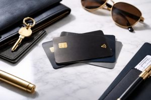 A realistic and minimalist close-up of three premium credit cards on a light marble surface, accompanied by black leather wallets, gold keys, dark lenses, and metal tins, representing a sophisticated lifestyle associated with a high-end credit card in the United States. Soft lighting and sharp focus highlight the details of the materials.