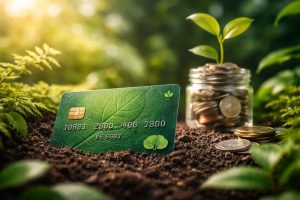 Green eco-themed credit card partially inserted into rich dark soil, surrounded by soft-focus foliage and warm natural sunlight. In the background, a transparent glass jar filled with coins supports a small growing plant, symbolizing sustainable finance, environmental responsibility, and the connection between everyday spending and green investment in the United States.