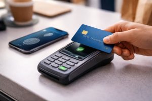 The image reflects this theme through a realistic and minimalistic scene focused on modern payment technology.