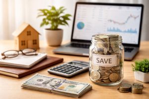Minimalist workspace scene representing finance habits, featuring a glass jar filled with coins and dollar bills on a wooden desk, surrounded by a calculator, a stack of cash, a notebook, eyeglasses, a small house model, and a laptop displaying blurred financial charts in the background, with soft natural lighting and balanced composition.