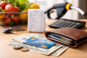 Minimalist close-up of an open leather wallet on a wooden table containing several cards, with a blue credit card resting on dollar bills and some coins.