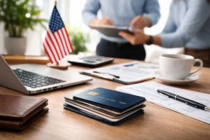Minimalist corporate workspace in the United States showing a stack of business credit cards on a wooden desk beside a laptop, financial documents, a calculator, and a small American flag, while two professionals discuss paperwork in the background, representing financial management and small business operations using a credit card.