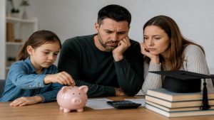 The image represents this reality through a realistic and minimalist scene of a family gathered around a table. A child places a coin into a piggy bank while the parents appear concerned, symbolizing the effort and anxiety involved in saving for college. Books and a graduation cap reinforce the connection to education, while the clean composition and soft lighting create an emotional and relatable atmosphere.